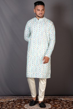 Multicolor Cotton Knee Length Printed Kurta For Mens