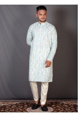 Multicolor Cotton Knee Length Printed Kurta For Mens