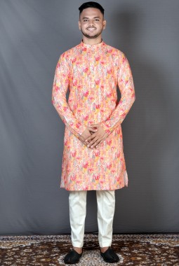 Pink Cotton Knee Length Straight Cut Printed Kurta KF240308