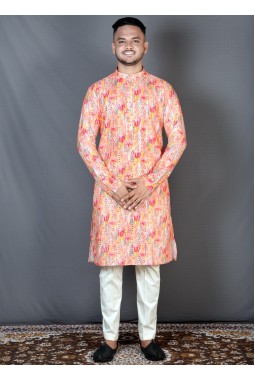 Pink Cotton Knee Length Straight Cut Printed Kurta KF240308