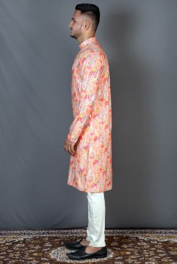 Pink Cotton Knee Length Straight Cut Printed Kurta KF240308