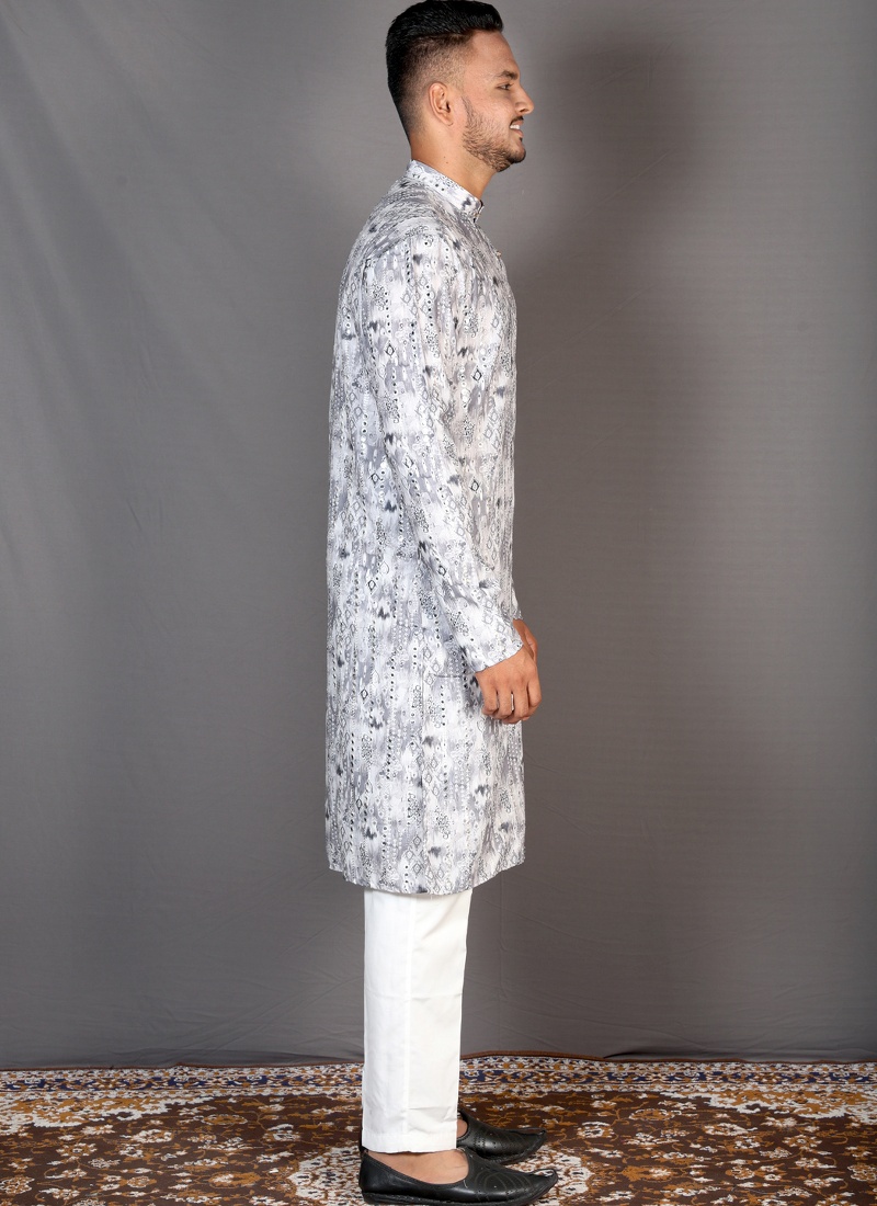 Grey Straight Cut Cotton Printed Kurta For Mens KF240310 Grey Straight Cut Cotton Printed Kurta For Mens KF240310