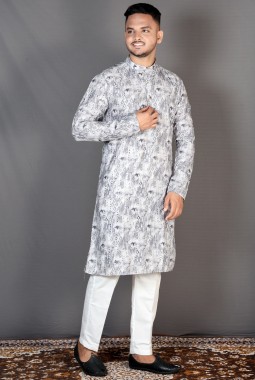 Grey Straight Cut Cotton Printed Kurta For Mens KF240310