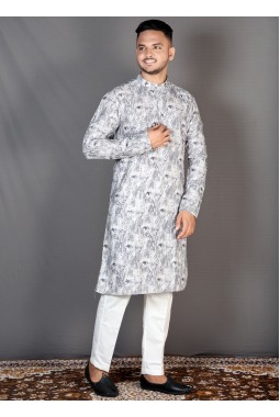 Grey Straight Cut Cotton Printed Kurta For Mens KF240310