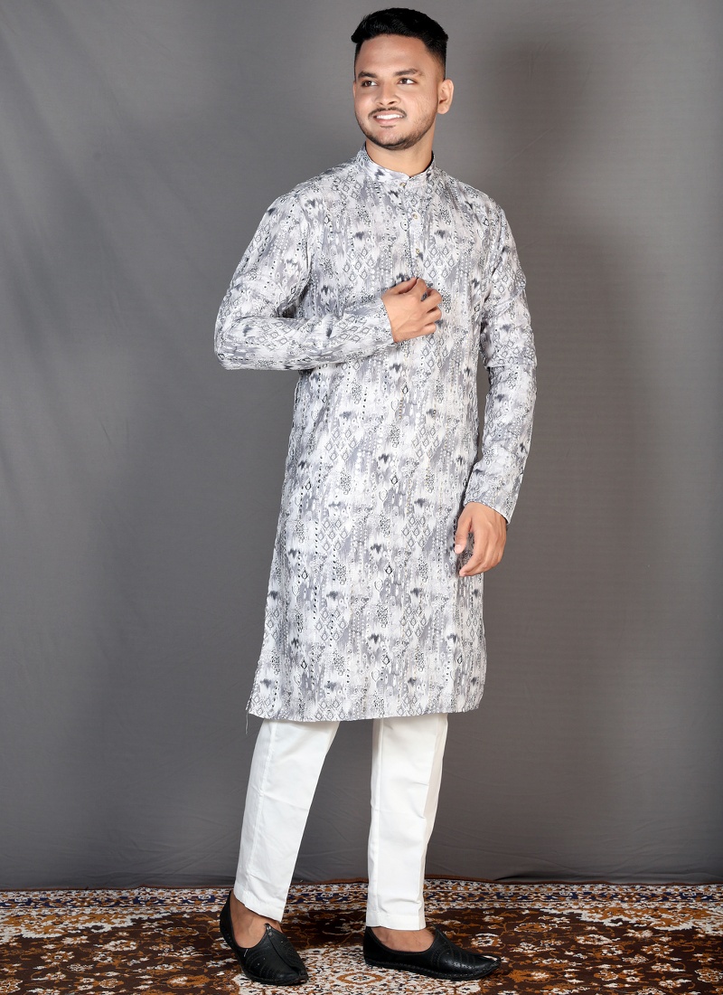 Grey Straight Cut Cotton Printed Kurta For Mens KF240310 Grey Straight Cut Cotton Printed Kurta For Mens KF240310