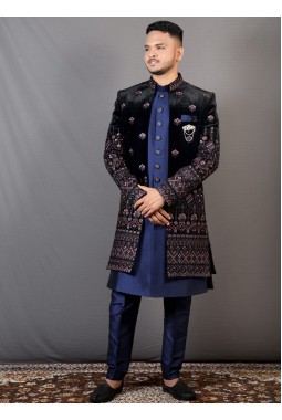 Blue Velvet Embroidered Wedding Indo-Western