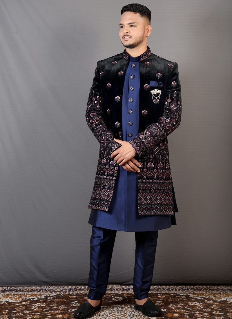 Blue Velvet Embroidered Wedding Indo-Western Blue Velvet Embroidered Wedding Indo-Western