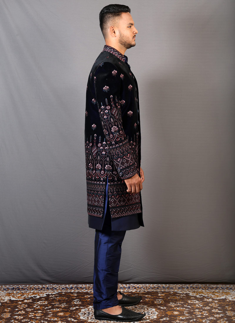 Blue Velvet Embroidered Wedding Indo-Western Blue Velvet Embroidered Wedding Indo-Western