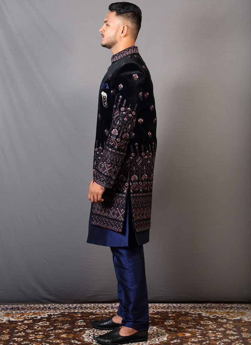 Blue Velvet Embroidered Wedding Indo-Western Blue Velvet Embroidered Wedding Indo-Western