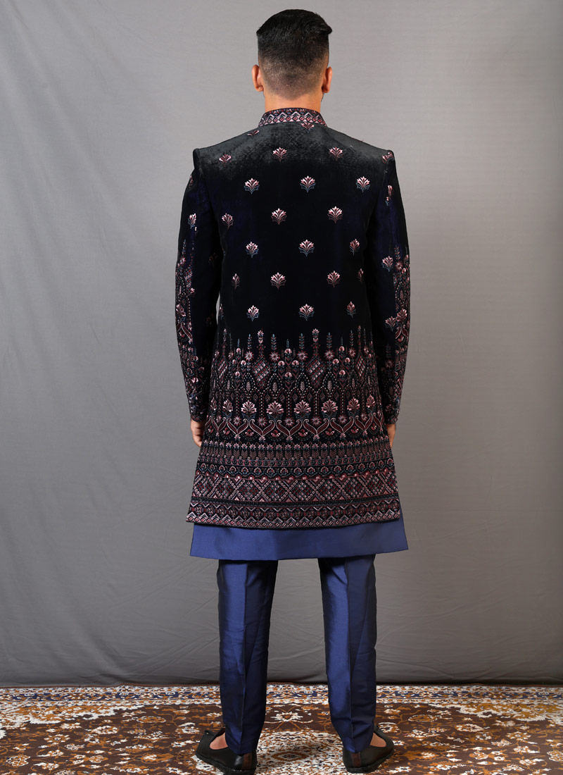 Blue Velvet Embroidered Wedding Indo-Western Blue Velvet Embroidered Wedding Indo-Western