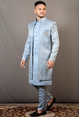 Sky Blue Soft Silk Embroidered Wedding Indo-Western