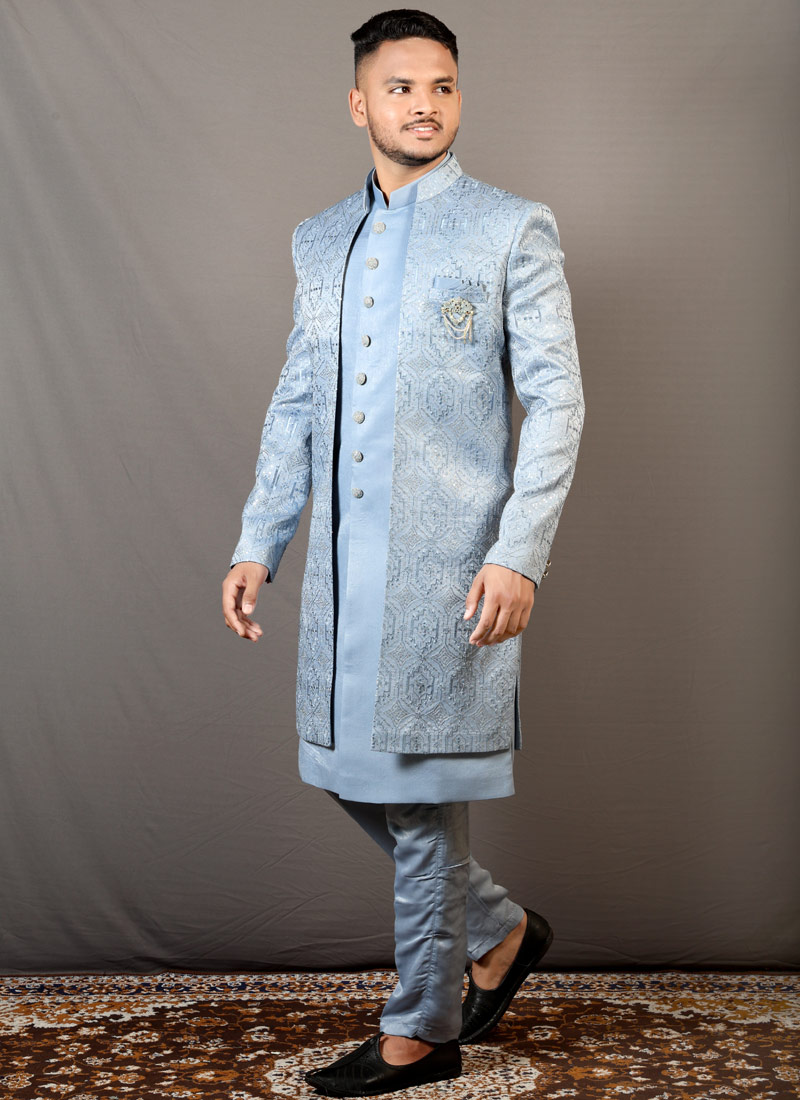Sky Blue Soft Silk Embroidered Wedding Indo-Western Sky Blue Soft Silk Embroidered Wedding Indo-Western