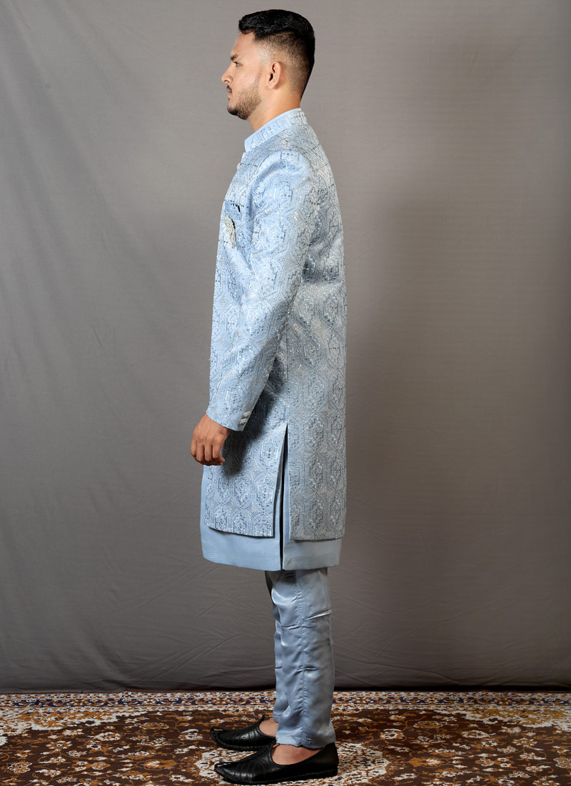 Sky Blue Soft Silk Embroidered Wedding Indo-Western Sky Blue Soft Silk Embroidered Wedding Indo-Western