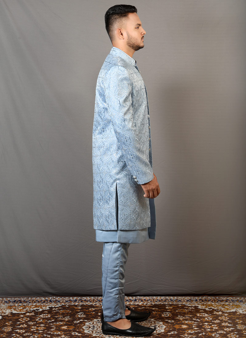 Sky Blue Soft Silk Embroidered Wedding Indo-Western Sky Blue Soft Silk Embroidered Wedding Indo-Western