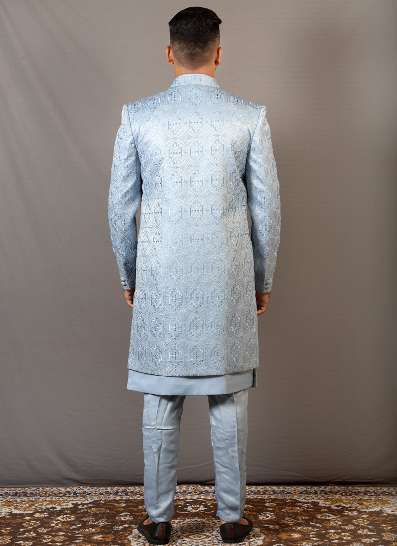 Sky Blue Soft Silk Embroidered Wedding Indo-Western Sky Blue Soft Silk Embroidered Wedding Indo-Western