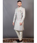 Peach And Teal Jacquard Wedding Indo-Western For Men Peach And Teal Jacquard Wedding Indo-Western For Men
