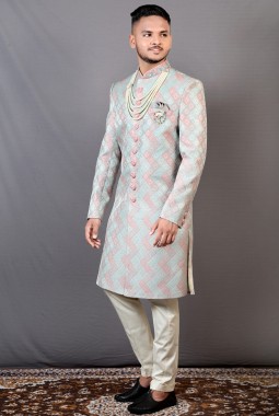 Peach And Teal Jacquard Wedding Indo-Western For Men