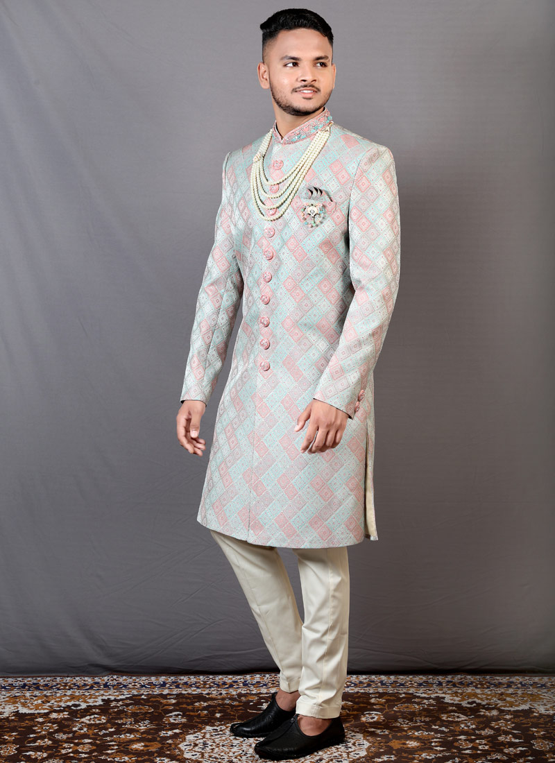 Peach And Teal Jacquard Wedding Indo-Western For Men Peach And Teal Jacquard Wedding Indo-Western For Men