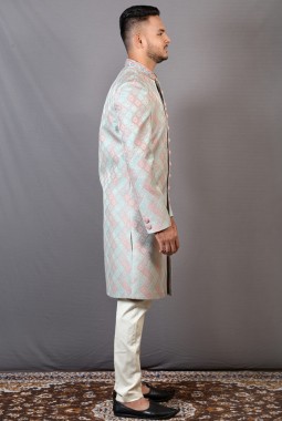 Peach And Teal Jacquard Wedding Indo-Western For Men
