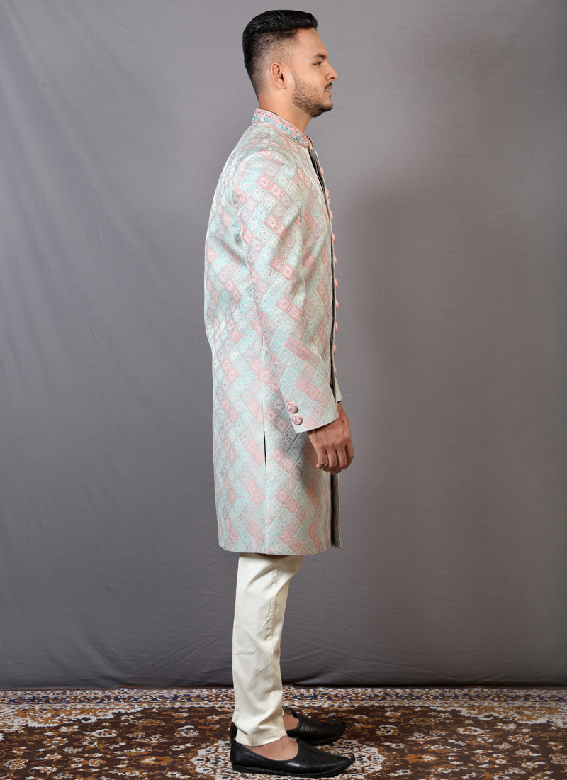 Peach And Teal Jacquard Wedding Indo-Western For Men Peach And Teal Jacquard Wedding Indo-Western For Men