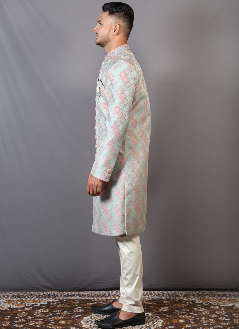 Peach And Teal Jacquard Wedding Indo-Western For Men Peach And Teal Jacquard Wedding Indo-Western For Men