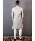 Peach And Teal Jacquard Wedding Indo-Western For Men Peach And Teal Jacquard Wedding Indo-Western For Men