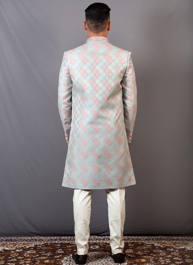 Peach And Teal Jacquard Wedding Indo-Western For Men Peach And Teal Jacquard Wedding Indo-Western For Men