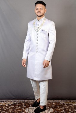 Steal Grey Jacquard Wedding Indo-Western For Men