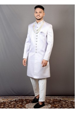 Steal Grey Jacquard Wedding Indo-Western For Men