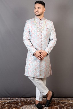 Onion Sky Blue Jacquard Wedding Indo-Western For Men