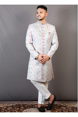 Onion Sky Blue Jacquard Wedding Indo-Western For Men