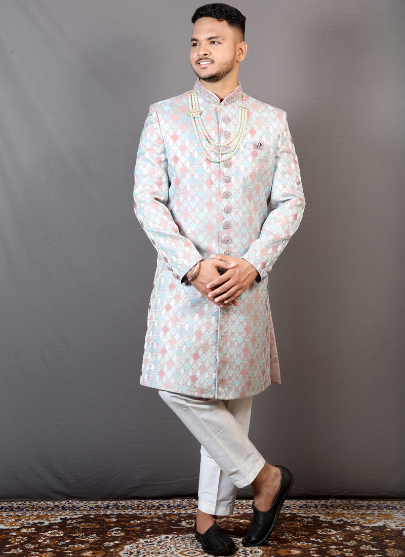 Onion Sky Blue Jacquard Wedding Indo-Western For Men Onion Sky Blue Jacquard Wedding Indo-Western For Men