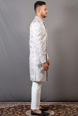 Onion Sky Blue Jacquard Wedding Indo-Western For Men