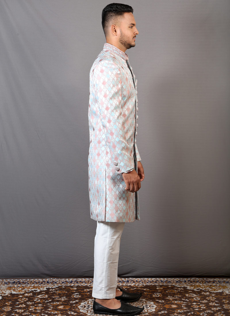 Onion Sky Blue Jacquard Wedding Indo-Western For Men Onion Sky Blue Jacquard Wedding Indo-Western For Men
