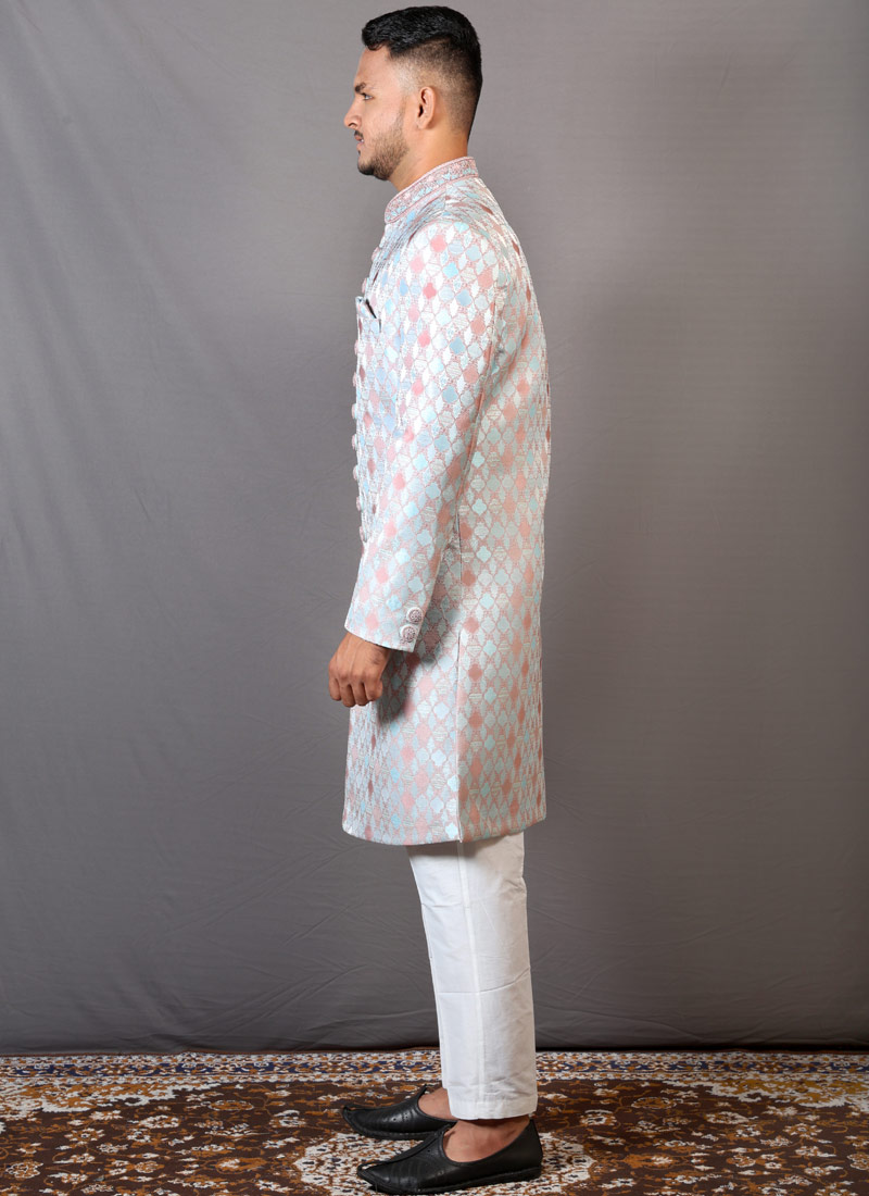 Onion Sky Blue Jacquard Wedding Indo-Western For Men Onion Sky Blue Jacquard Wedding Indo-Western For Men