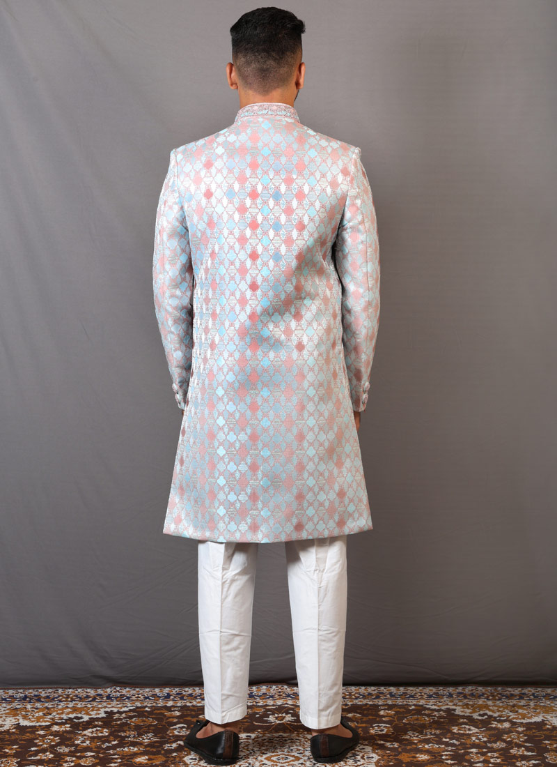 Onion Sky Blue Jacquard Wedding Indo-Western For Men Onion Sky Blue Jacquard Wedding Indo-Western For Men