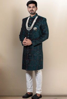 Green Velvet Embroidered Mens Wedding Indo Western
