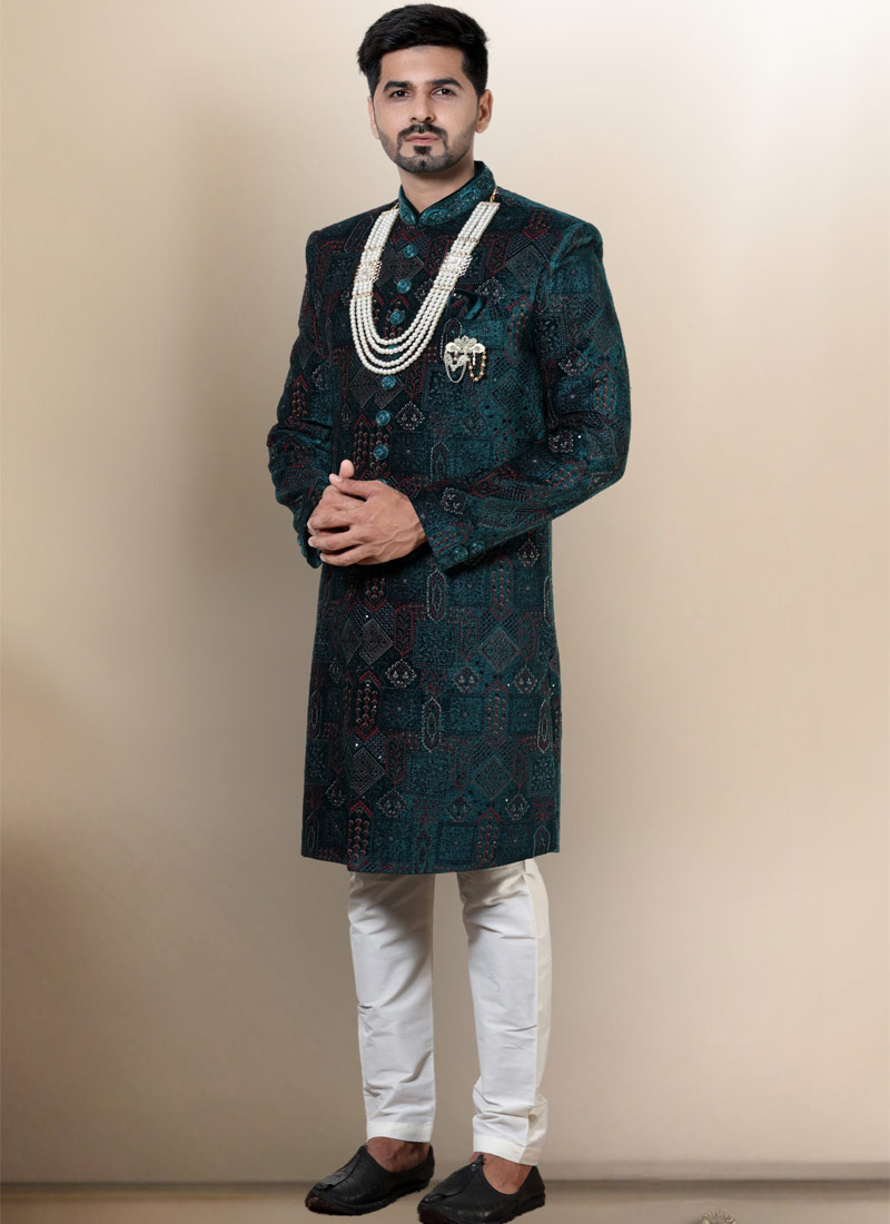 Green Velvet Embroidered Mens Wedding Indo Western Green Velvet Embroidered Mens Wedding Indo Western