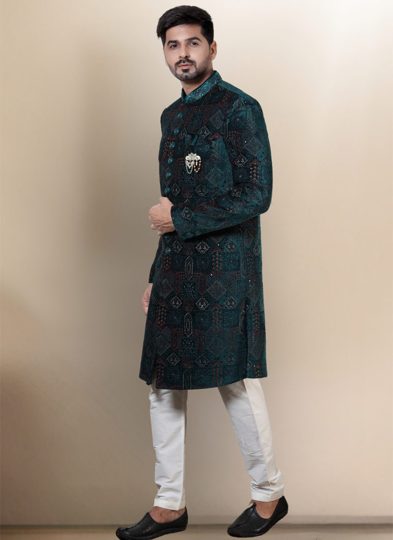 Green Velvet Embroidered Mens Wedding Indo Western Green Velvet Embroidered Mens Wedding Indo Western