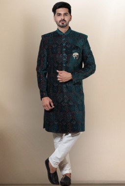 Green Velvet Embroidered Mens Wedding Indo Western