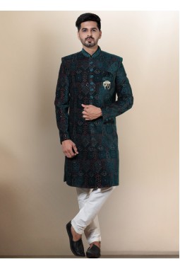 Green Velvet Embroidered Mens Wedding Indo Western