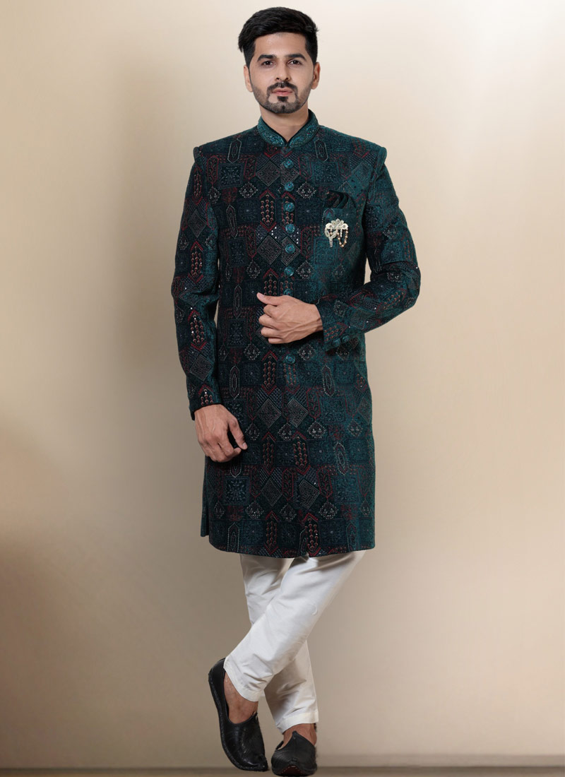 Green Velvet Embroidered Mens Wedding Indo Western Green Velvet Embroidered Mens Wedding Indo Western