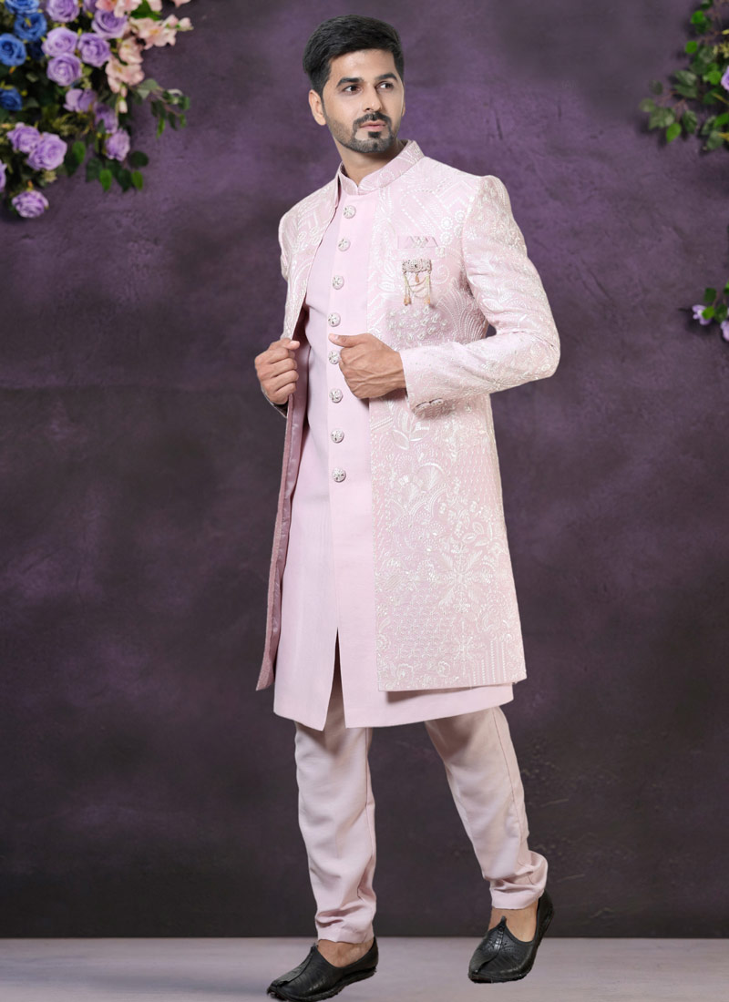 Pink Soft Silk Embroidered Mens Wedding Indo Western Pink Soft Silk Embroidered Mens Wedding Indo Western