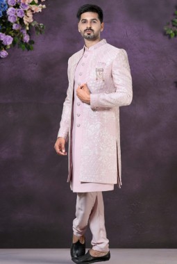 Pink Soft Silk Embroidered Mens Wedding Indo Western