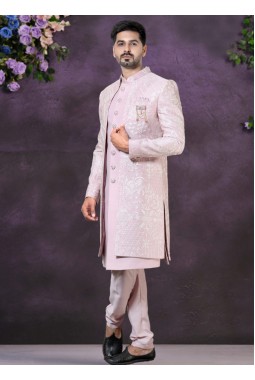 Pink Soft Silk Embroidered Mens Wedding Indo Western