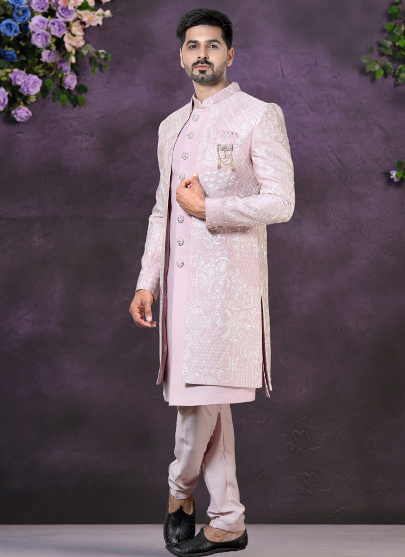 Pink Soft Silk Embroidered Mens Wedding Indo Western Pink Soft Silk Embroidered Mens Wedding Indo Western