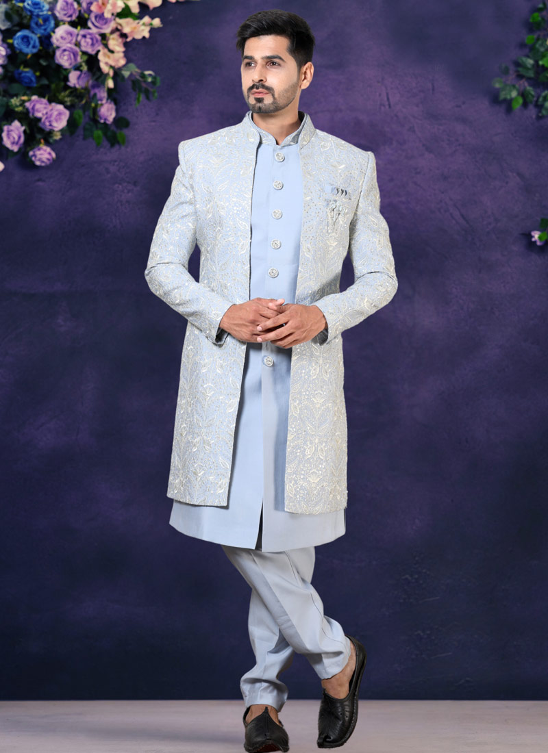 Sky Blue Soft Silk Embroidered Mens Wedding Indo Western Sky Blue Soft Silk Embroidered Mens Wedding Indo Western