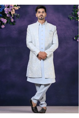 Sky Blue Soft Silk Embroidered Mens Wedding Indo Western 