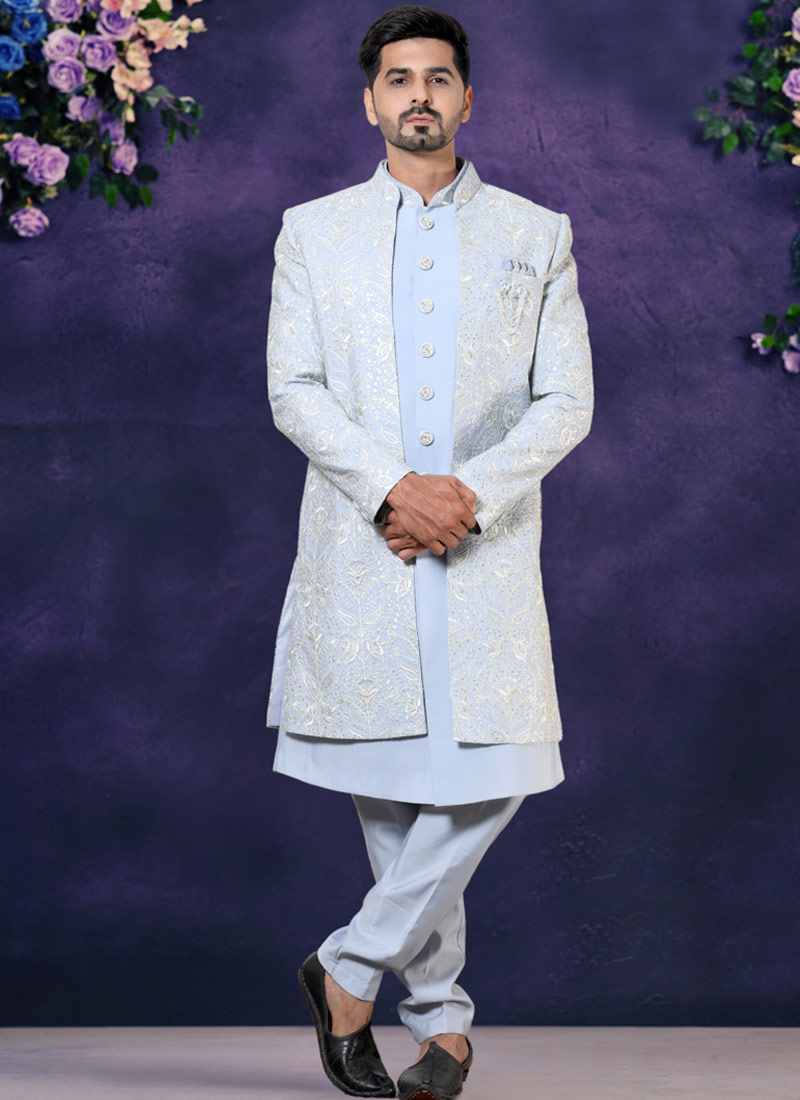 Sky Blue Soft Silk Embroidered Mens Wedding Indo Western Sky Blue Soft Silk Embroidered Mens Wedding Indo Western