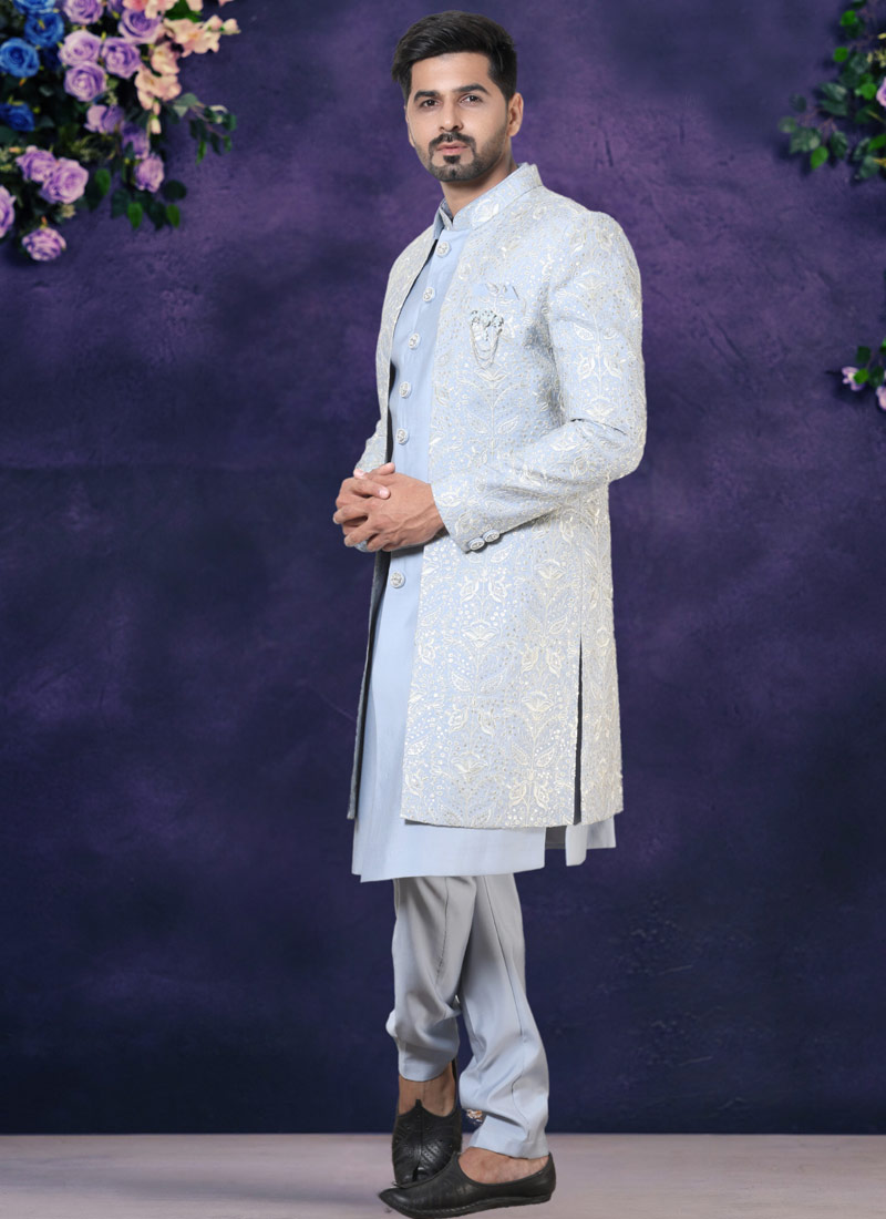 Sky Blue Soft Silk Embroidered Mens Wedding Indo Western Sky Blue Soft Silk Embroidered Mens Wedding Indo Western